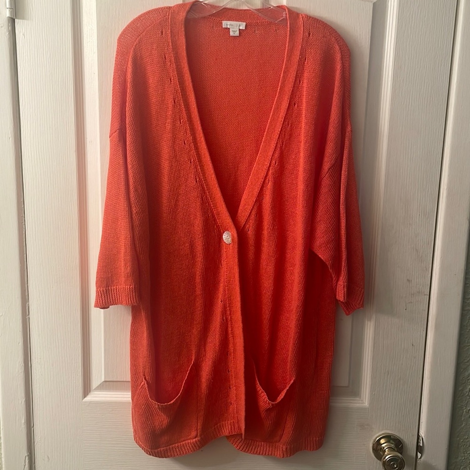 J Jill Love Linen Short Sleeve One Button Collarless Knit Cardigan Size Xl